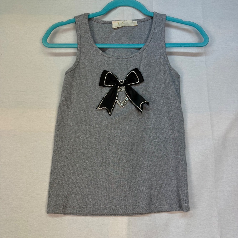 Lizette Collection Gray Ribbed Tank Top Black Rhinestone Bow LC-A5082 Womens M